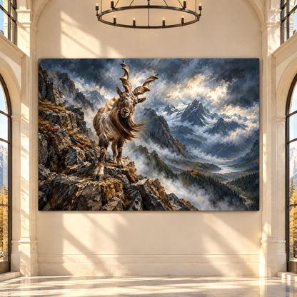 Mountain Goat on Rocky Cliff Wrapped Canvas Wall Art – Dramatic Alpine Wildlife Painting
