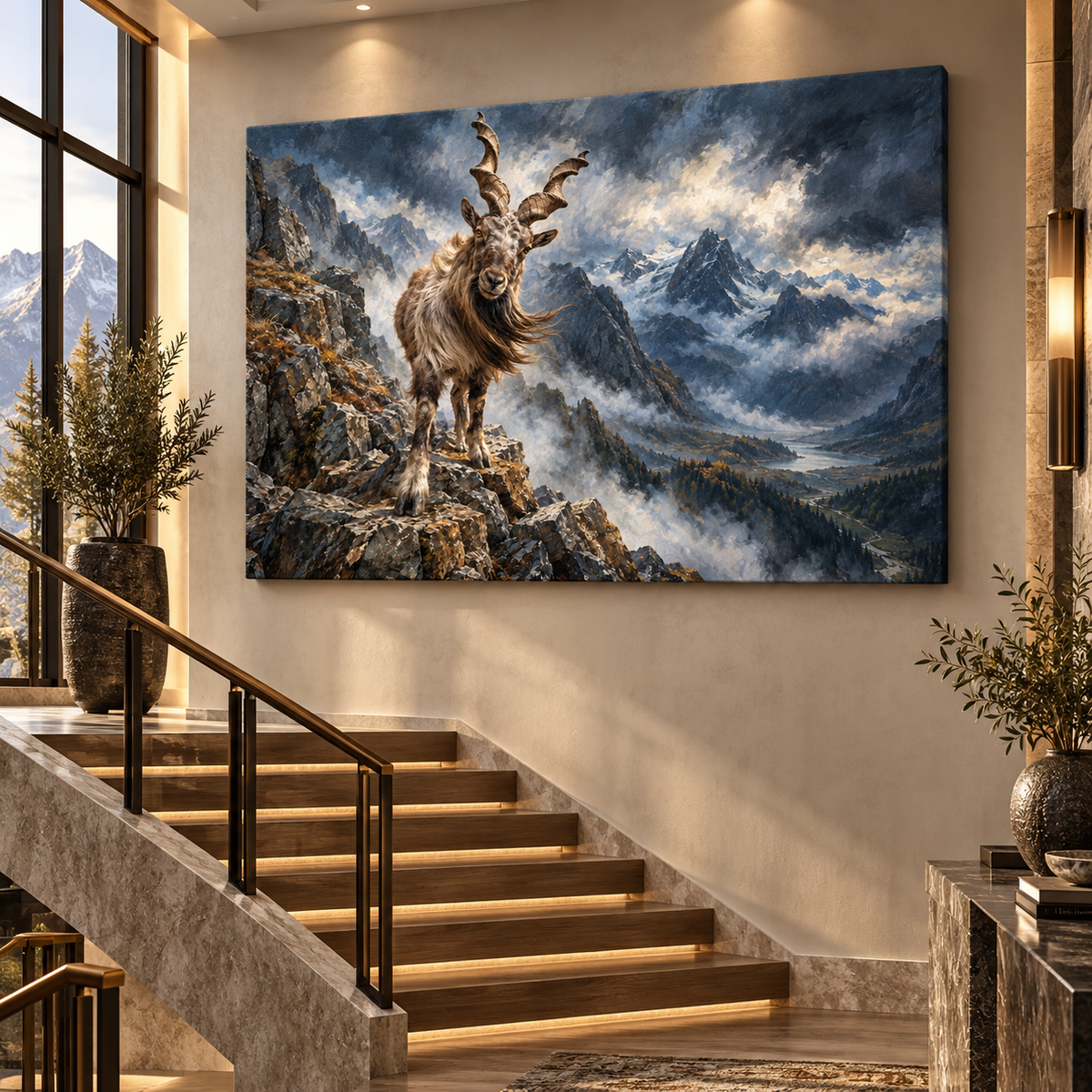 Mountain Goat on Rocky Cliff Wrapped Canvas Wall Art – Dramatic Alpine Wildlife Painting