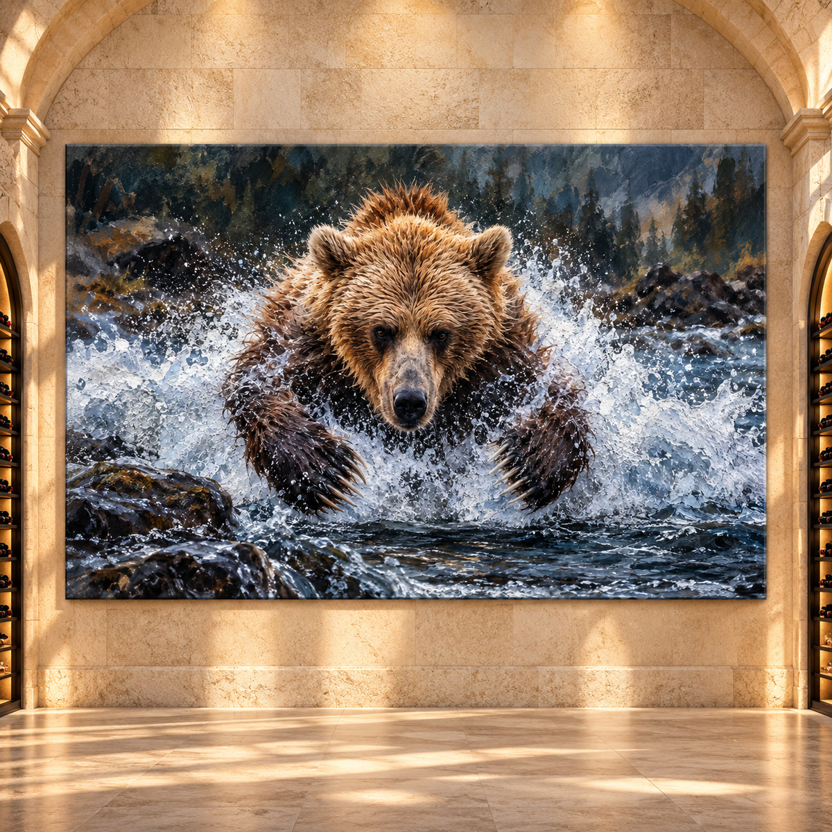 Charging Grizzly Bear in Rushing River Wrapped Canvas Wall Art – Dramatic Wildlife Painting