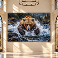 Charging Grizzly Bear in Rushing River Wrapped Canvas Wall Art – Dramatic Wildlife Painting