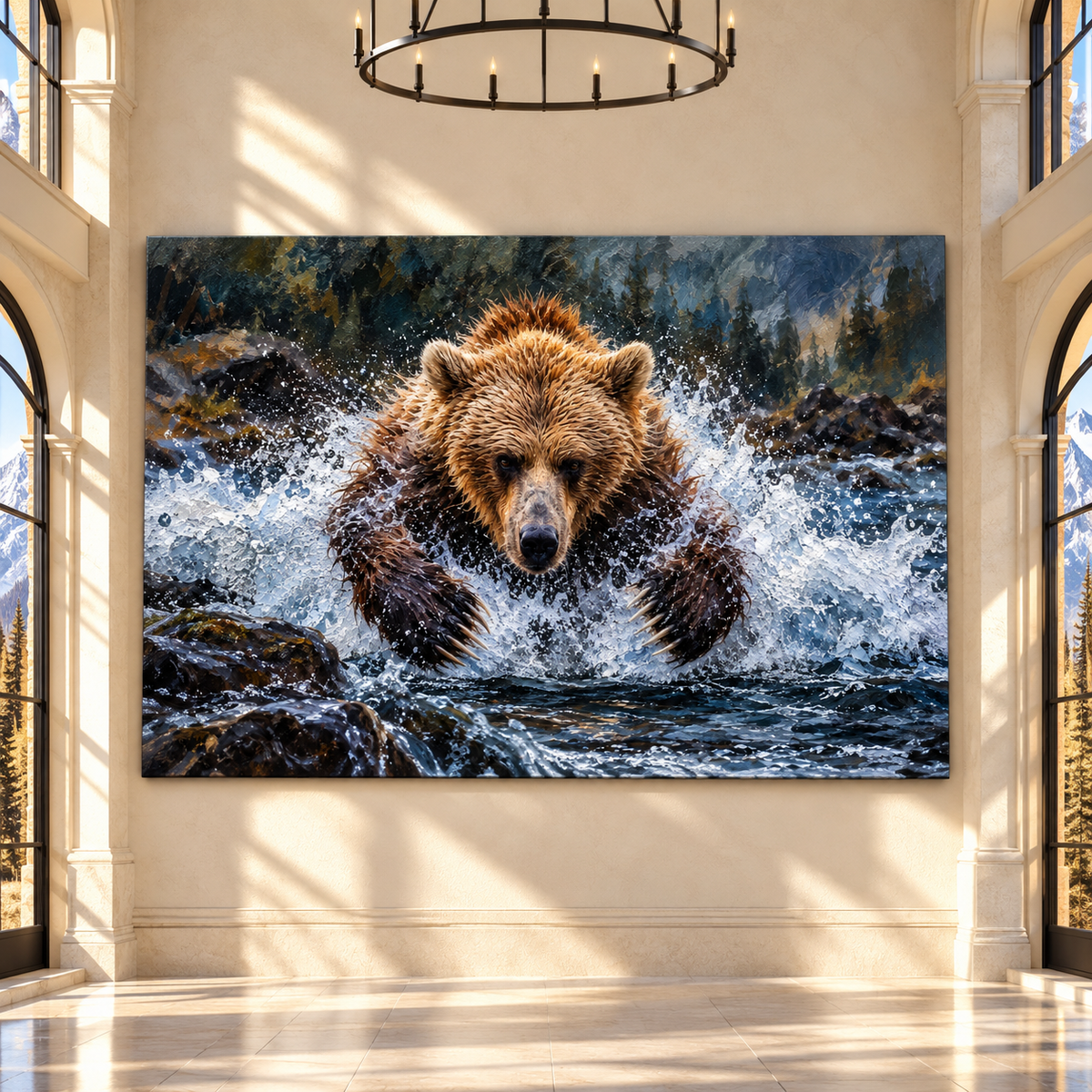 Charging Grizzly Bear in Rushing River Wrapped Canvas Wall Art – Dramatic Wildlife Painting