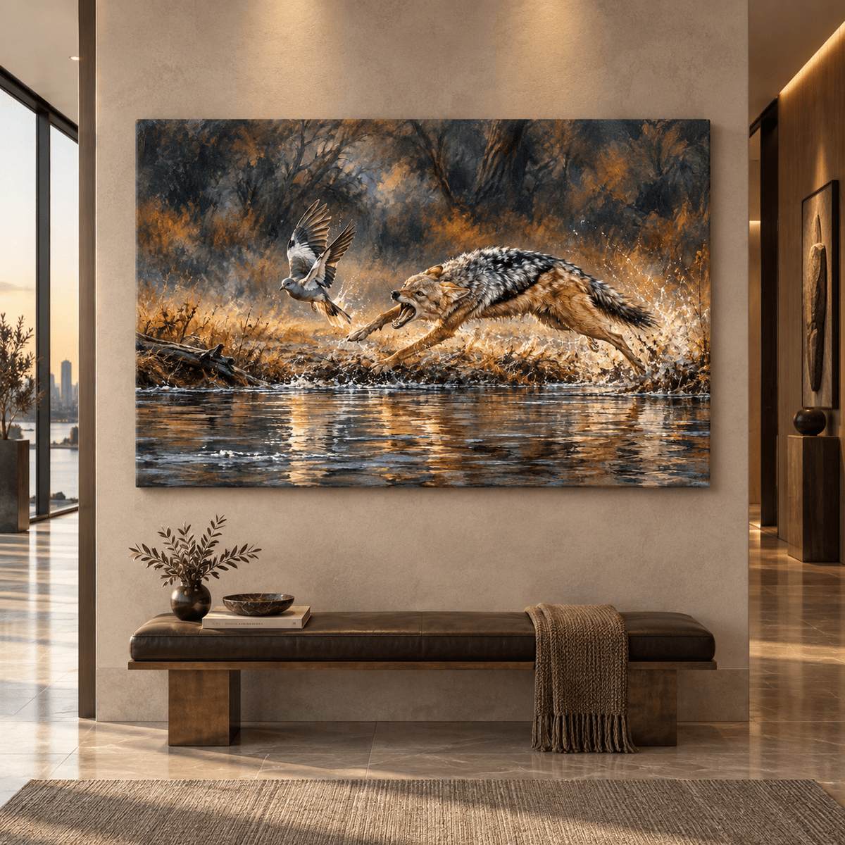 Jackal Chasing Bird Across River Wrapped Canvas Wall Art – Dramatic Wildlife Painting - ART OF ROYALS