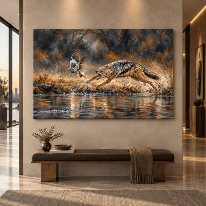 Jackal Chasing Bird Across River Wrapped Canvas Wall Art – Dramatic Wildlife Painting - ART OF ROYALS