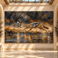 Jackal Chasing Bird Across River Wrapped Canvas Wall Art – Dramatic Wildlife Painting