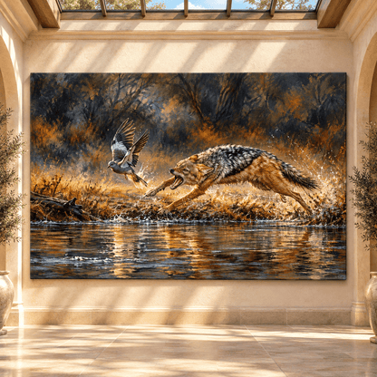 Jackal Chasing Bird Across River Wrapped Canvas Wall Art – Dramatic Wildlife Painting - ART OF ROYALS