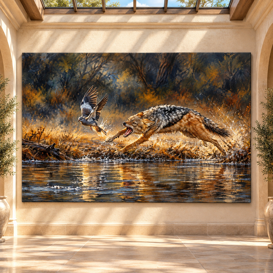 Jackal Chasing Bird Across River Wrapped Canvas Wall Art – Dramatic Wildlife Painting