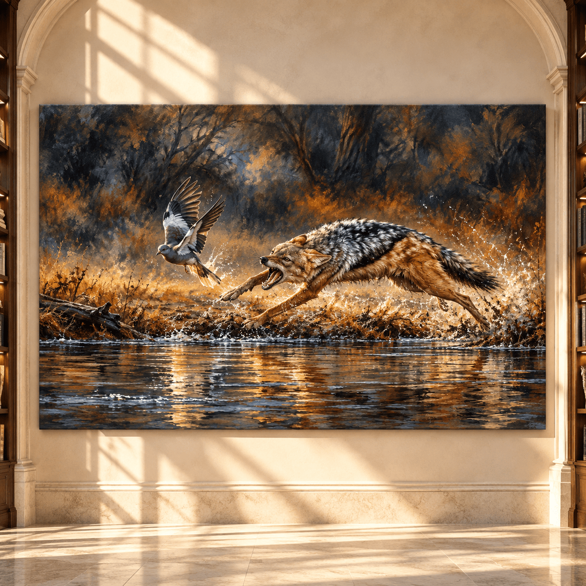 Jackal Chasing Bird Across River Wrapped Canvas Wall Art – Dramatic Wildlife Painting - ART OF ROYALS