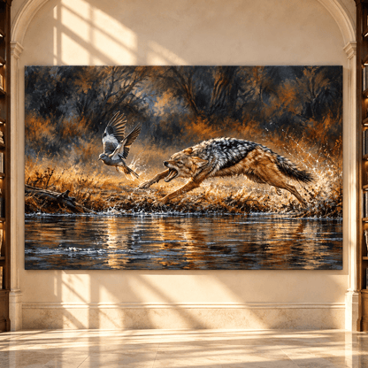 Jackal Chasing Bird Across River Wrapped Canvas Wall Art – Dramatic Wildlife Painting - ART OF ROYALS