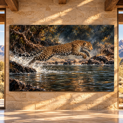 Leaping Jaguar Over River Wrapped Canvas Wall Art – Dramatic Big Cat Wildlife Painting
