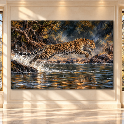 Leaping Jaguar Over River Wrapped Canvas Wall Art – Dramatic Big Cat Wildlife Painting