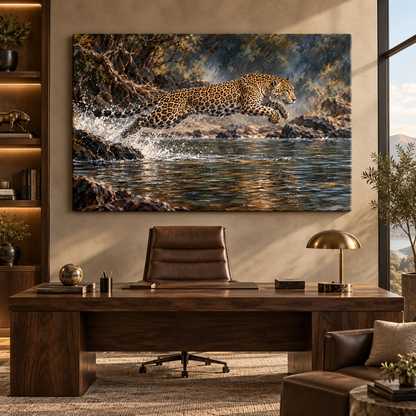 Leaping Jaguar Over River Wrapped Canvas Wall Art – Dramatic Big Cat Wildlife Painting