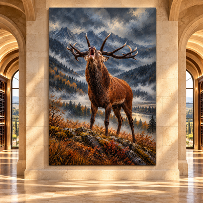 Bugling Bull Elk in Mountain Wilderness Wrapped Canvas Wall Art – Dramatic Stag Wildlife Painting