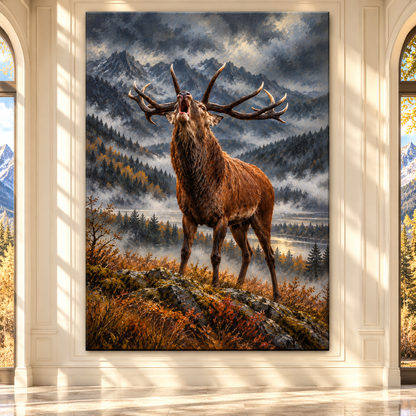 Bugling Bull Elk in Mountain Wilderness Wrapped Canvas Wall Art – Dramatic Stag Wildlife Painting