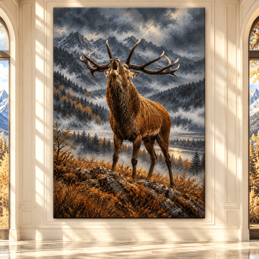 Bugling Bull Elk in Mountain Wilderness Wrapped Canvas Wall Art – Dramatic Stag Wildlife Painting - ART OF ROYALS