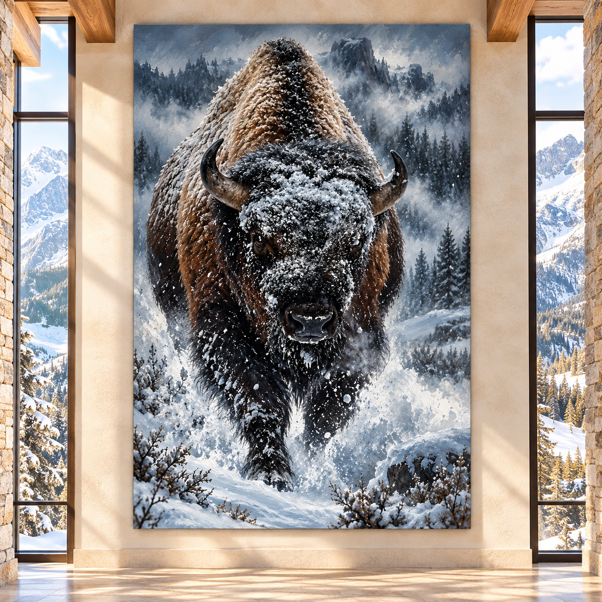 Charging Bison Through Snow Wrapped Canvas Wall Art – Dramatic Winter Buffalo Painting
