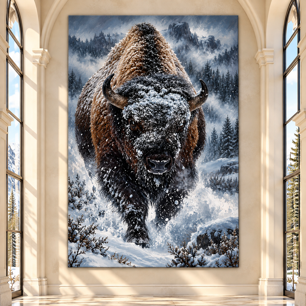 Charging Bison Through Snow Wrapped Canvas Wall Art – Dramatic Winter Buffalo Painting