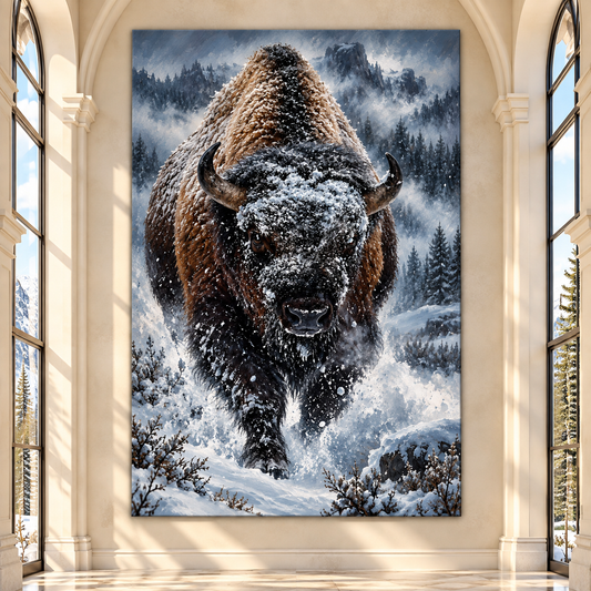 Charging Bison Through Snow Wrapped Canvas Wall Art – Dramatic Winter Buffalo Painting