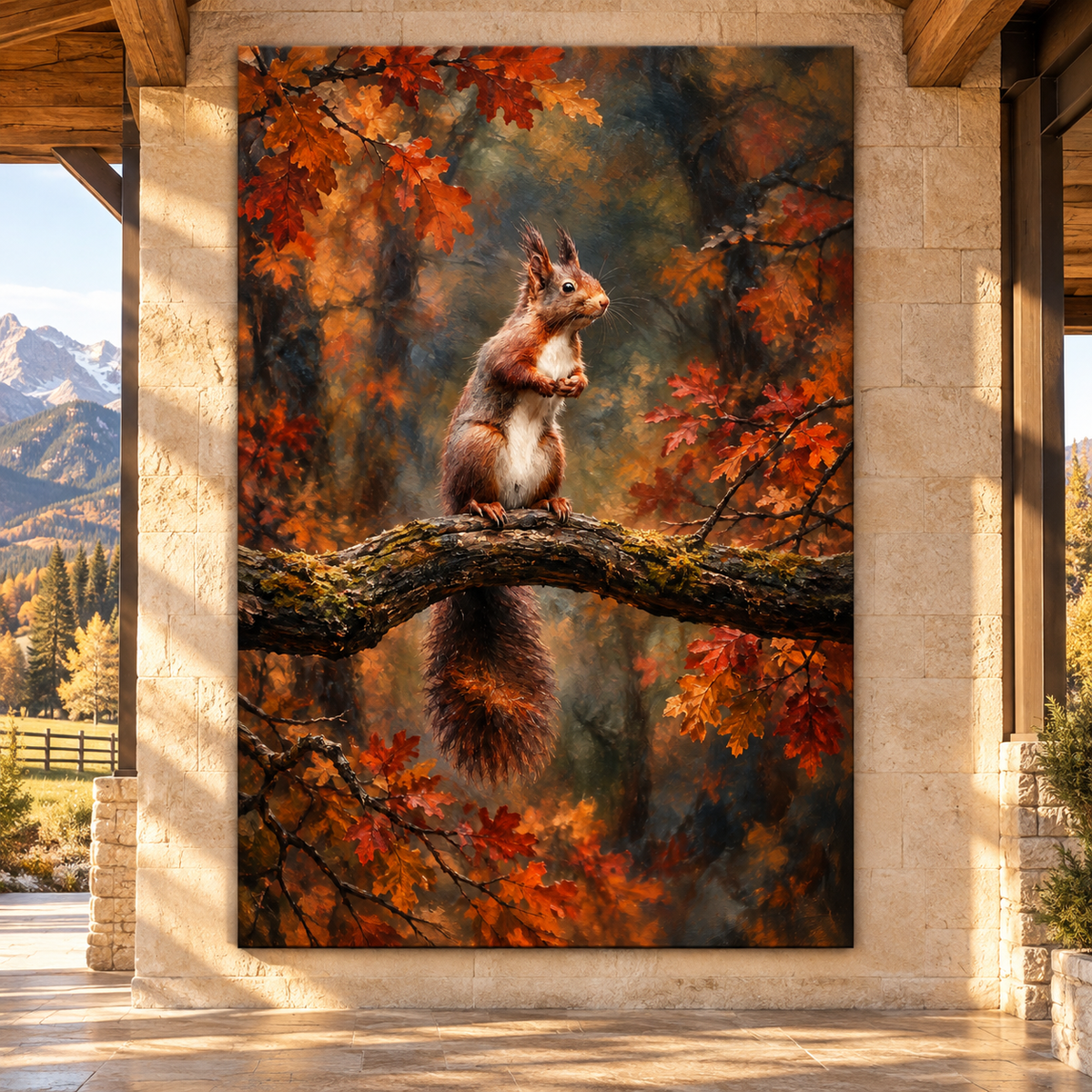 Red Squirrel on Oak Branch Wrapped Canvas Wall Art – Autumn Woodland Wildlife Painting