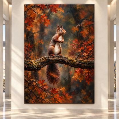 Red Squirrel on Oak Branch Wrapped Canvas Wall Art – Autumn Woodland Wildlife Painting