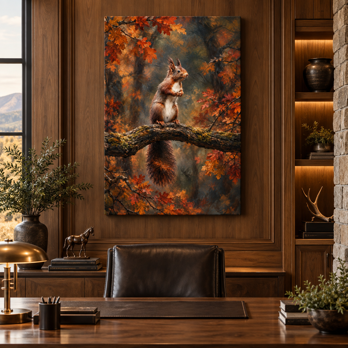 Red Squirrel on Oak Branch Wrapped Canvas Wall Art – Autumn Woodland Wildlife Painting