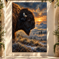 American Bison at Winter Sunset Wrapped Canvas Wall Art – Mountain Buffalo Wildlife Painting