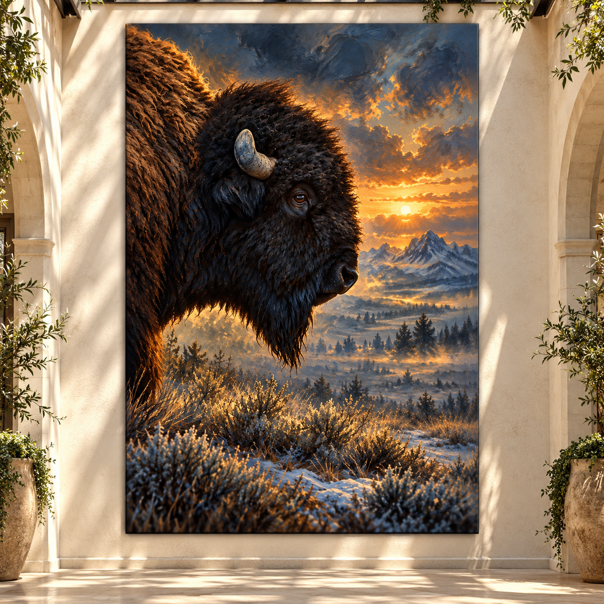 American Bison at Winter Sunset Wrapped Canvas Wall Art – Mountain Buffalo Wildlife Painting
