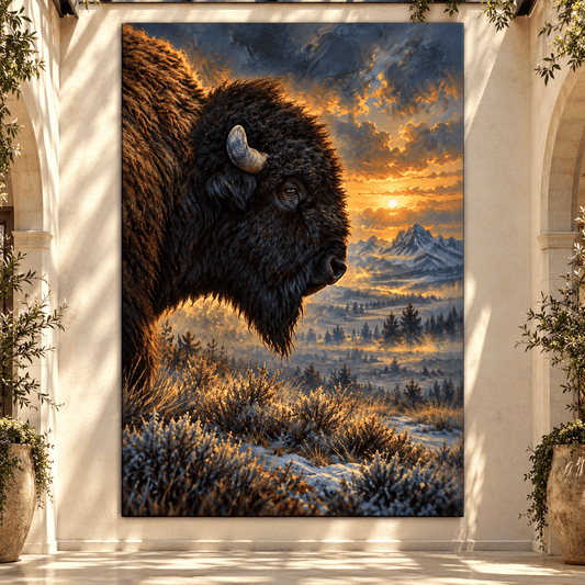 American Bison at Winter Sunset Wrapped Canvas Wall Art – Mountain Buffalo Wildlife Painting