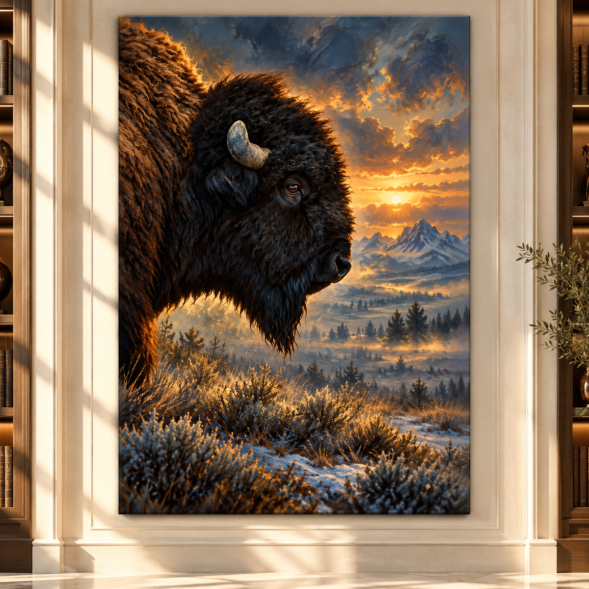 American Bison at Winter Sunset Wrapped Canvas Wall Art – Mountain Buffalo Wildlife Painting