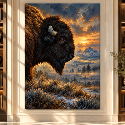 American Bison at Winter Sunset Wrapped Canvas Wall Art – Mountain Buffalo Wildlife Painting