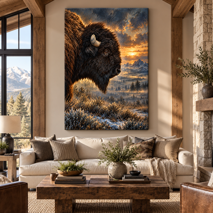 American Bison at Winter Sunset Wrapped Canvas Wall Art – Mountain Buffalo Wildlife Painting