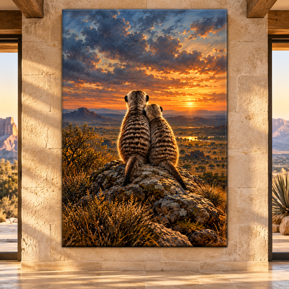 Meerkat Pair Watching the Sunset Wrapped Canvas Wall Art – African Wildlife Painting