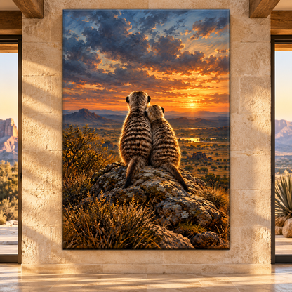 Meerkat Pair Watching the Sunset Wrapped Canvas Wall Art – African Wildlife Painting