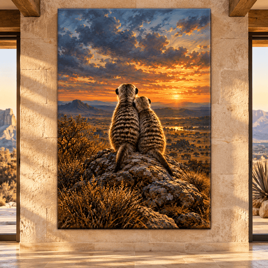 Meerkat Pair Watching the Sunset Wrapped Canvas Wall Art – African Wildlife Painting - ART OF ROYALS