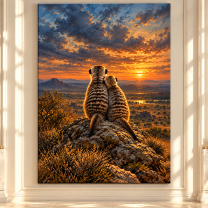 Meerkat Pair Watching the Sunset Wrapped Canvas Wall Art – African Wildlife Painting