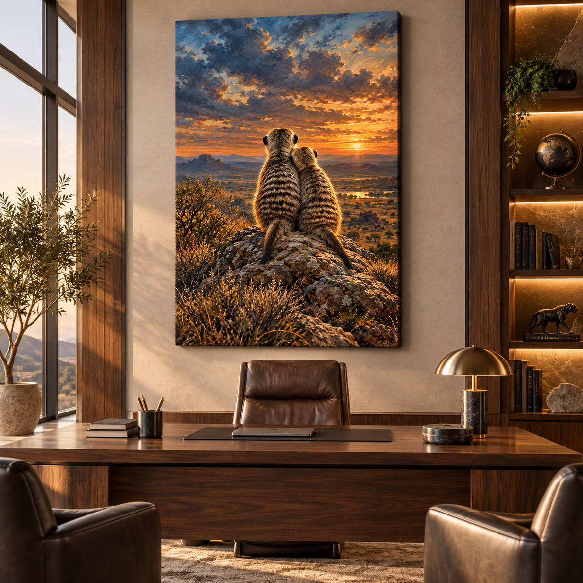 Meerkat Pair Watching the Sunset Wrapped Canvas Wall Art – African Wildlife Painting