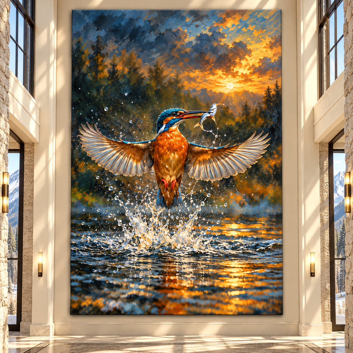 Kingfisher Catching Fish Wrapped Canvas Wall Art – Dramatic River Wildlife Painting