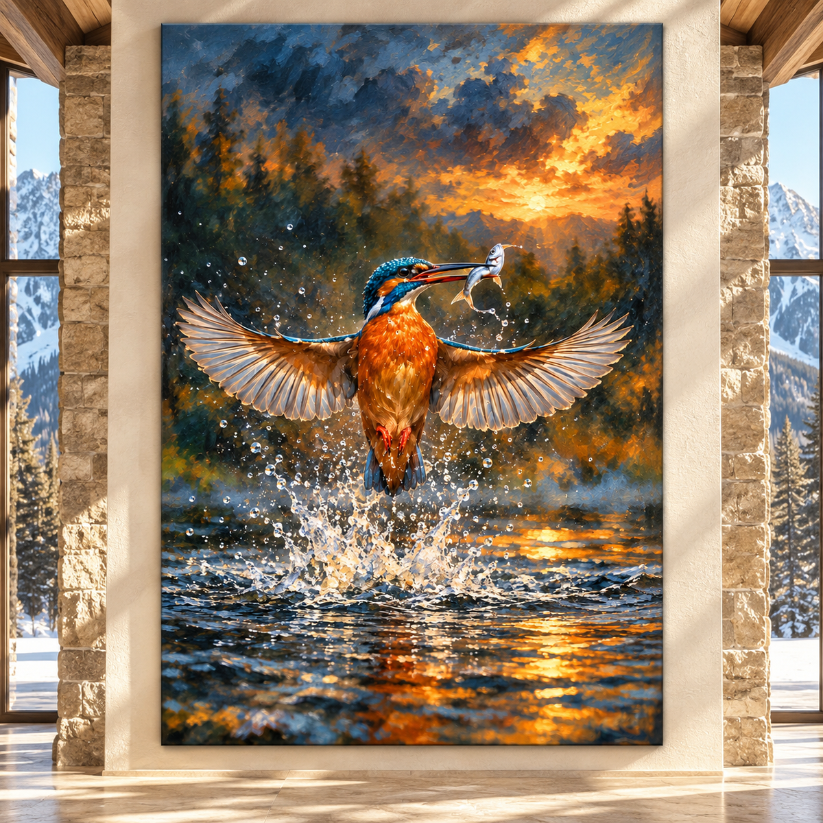 Kingfisher Catching Fish Wrapped Canvas Wall Art – Dramatic River Wildlife Painting