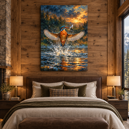 Kingfisher Catching Fish Wrapped Canvas Wall Art – Dramatic River Wildlife Painting