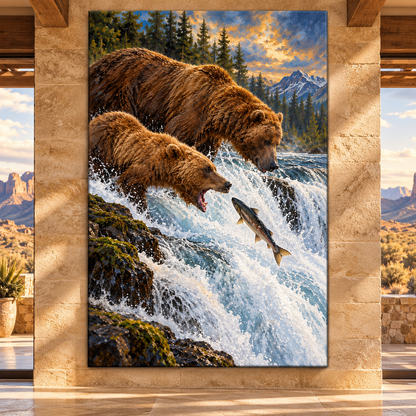 Grizzly Bears Fishing for Salmon Wrapped Canvas Wall Art – Dramatic Waterfall Wildlife Painting