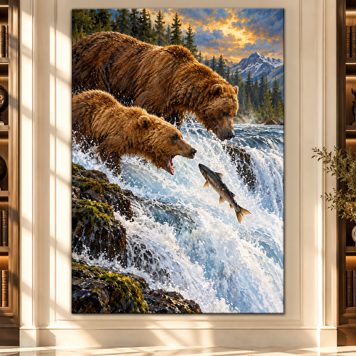 Grizzly Bears Fishing for Salmon Wrapped Canvas Wall Art – Dramatic Waterfall Wildlife Painting