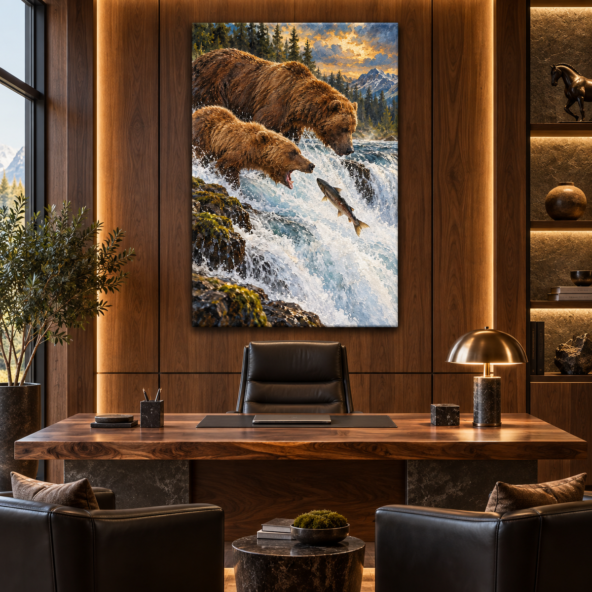 Grizzly Bears Fishing for Salmon Wrapped Canvas Wall Art – Dramatic Waterfall Wildlife Painting