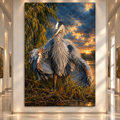 Great Blue Heron at Golden Sunset Wrapped Canvas Wall Art – Dramatic Wetland Bird Painting