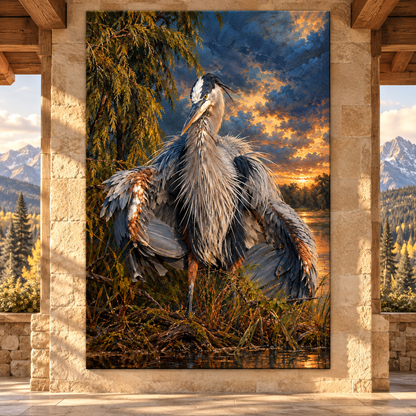 Great Blue Heron at Golden Sunset Wrapped Canvas Wall Art – Dramatic Wetland Bird Painting