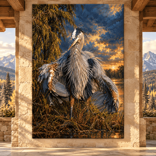 Great Blue Heron at Golden Sunset Wrapped Canvas Wall Art – Dramatic Wetland Bird Painting - ART OF ROYALS