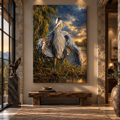 Great Blue Heron at Golden Sunset Wrapped Canvas Wall Art – Dramatic Wetland Bird Painting
