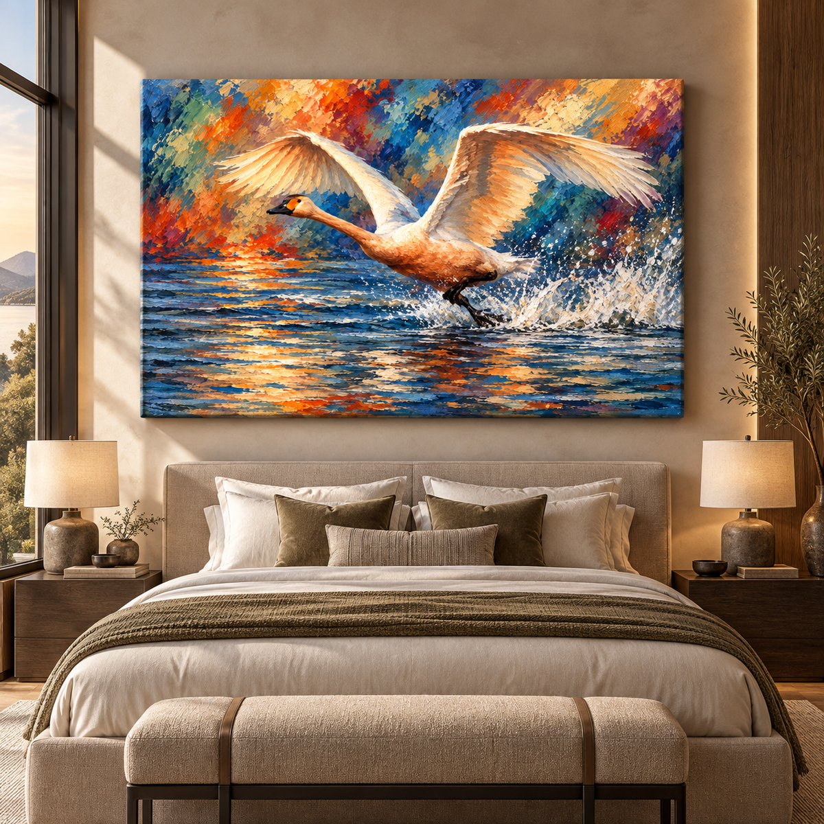 Trumpeter Swan Taking Flight Wrapped Canvas Wall Art – Colorful Water Bird Painting
