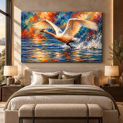 Trumpeter Swan Taking Flight Wrapped Canvas Wall Art – Colorful Water Bird Painting