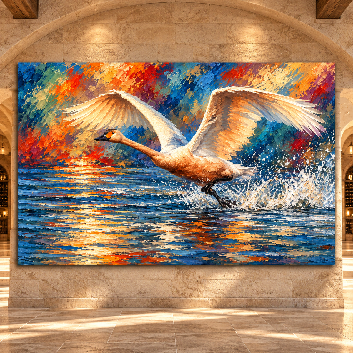 Trumpeter Swan Taking Flight Wrapped Canvas Wall Art – Colorful Water Bird Painting