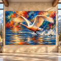 Trumpeter Swan Taking Flight Wrapped Canvas Wall Art – Colorful Water Bird Painting