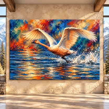 Trumpeter Swan Taking Flight Wrapped Canvas Wall Art – Colorful Water Bird Painting